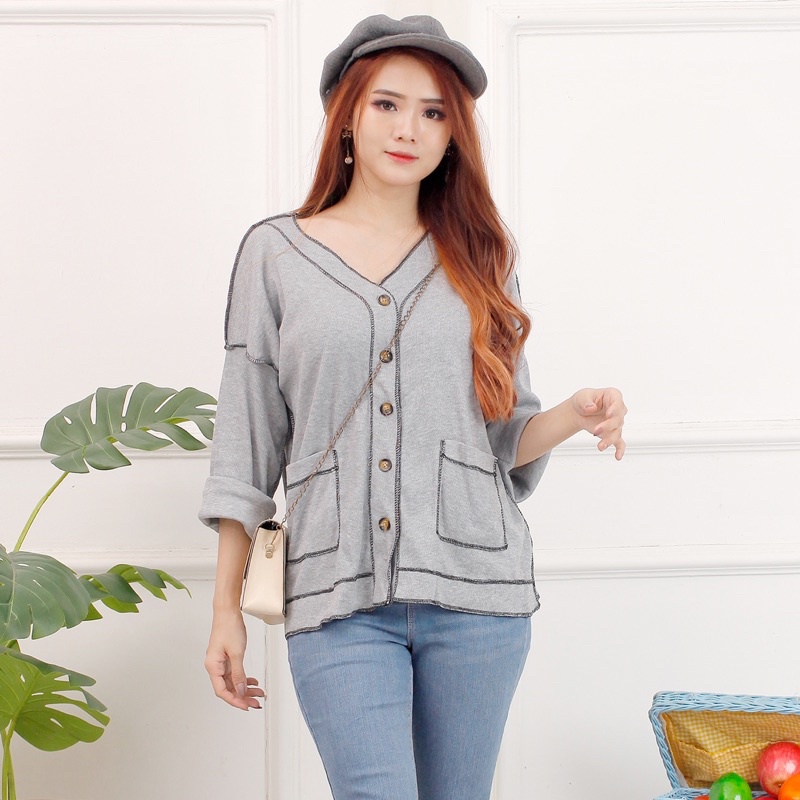 BAJU ATASAN WANITA TERBARU KEKINIAN CARDIGAN TERBALIK CDG KANCING TANGAN PANJANG POLOS LIST KEREN   