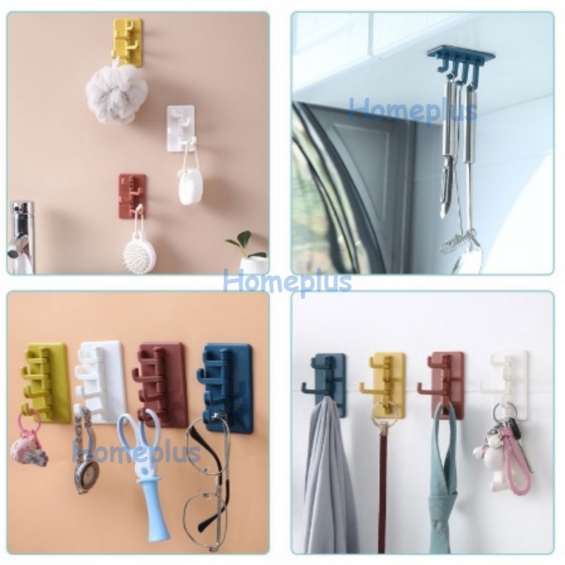 HomePlus Gantungan Tempel Dinding 4 Kait Lipat Gantungan Baju Tas Kunci Peralatan Dapur Ruang Tamu Gantungan Kunci Tempel Dinding Tembok Serbaguna Gantungan Hook