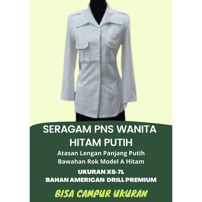 [[ PROMO MURAH ]] Seragam PNS PDH Wanita Hitam Putih Lengan Panjang XS-7L American Drill - XS