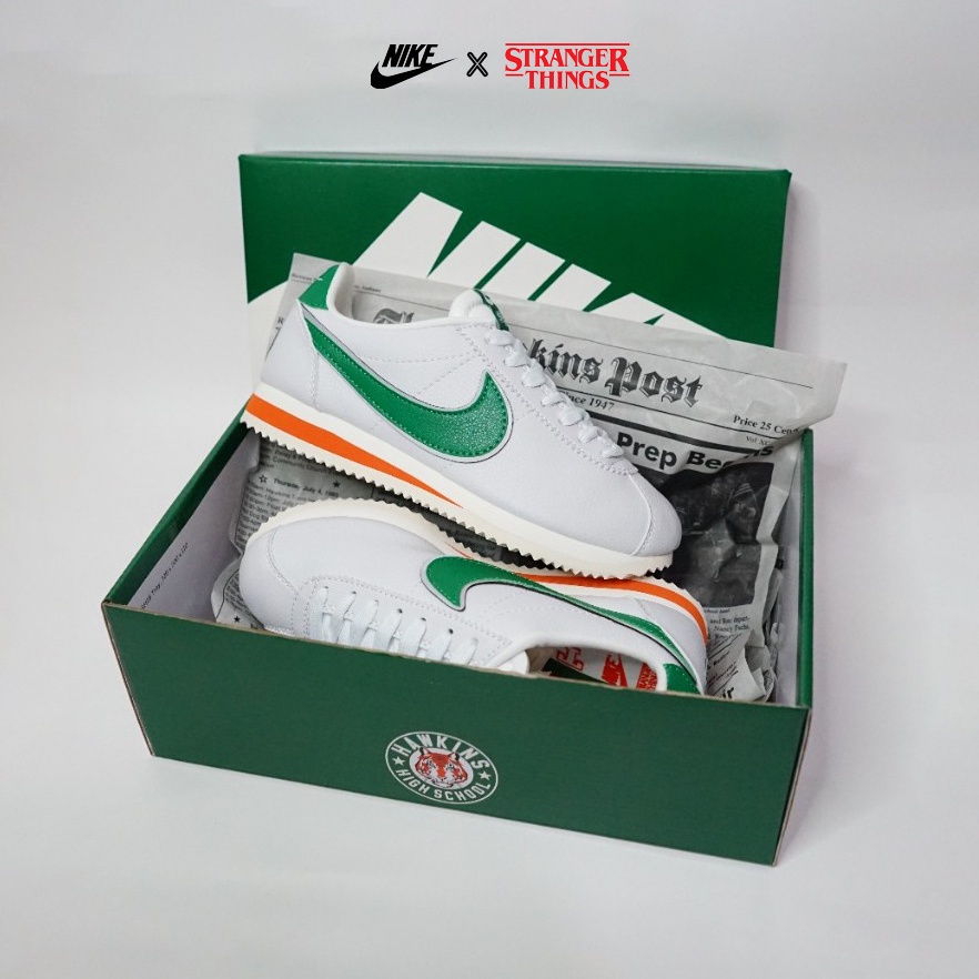 Nike Cortez x Stranger Things Hawkins Leather White Green Sepatu Sneakers Unisex BNIB CJ6106-100