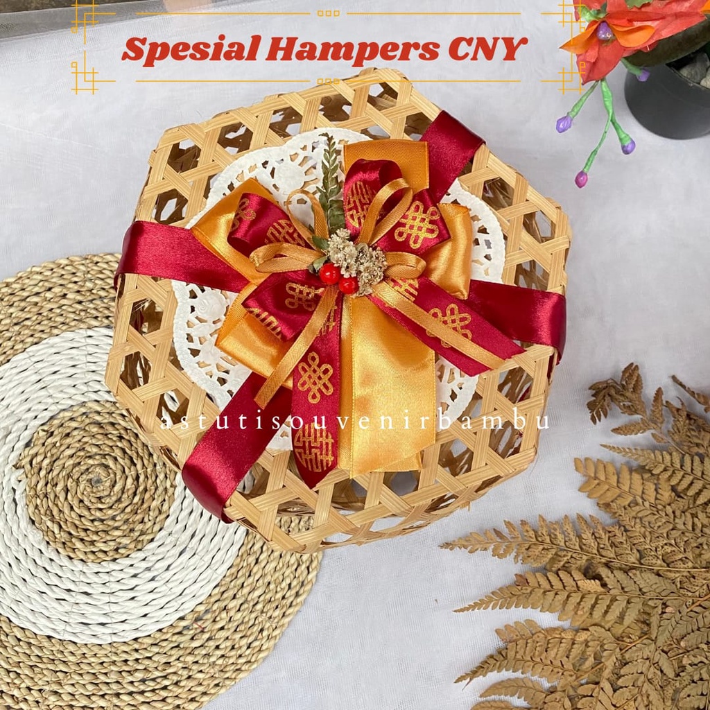 Anyaman bambu termurah [ SPESIAL HAMPERS CNY 2023 ] KLONGSONG HEXSAGONAL 20x12 CM NATURAL HIAS PITA 