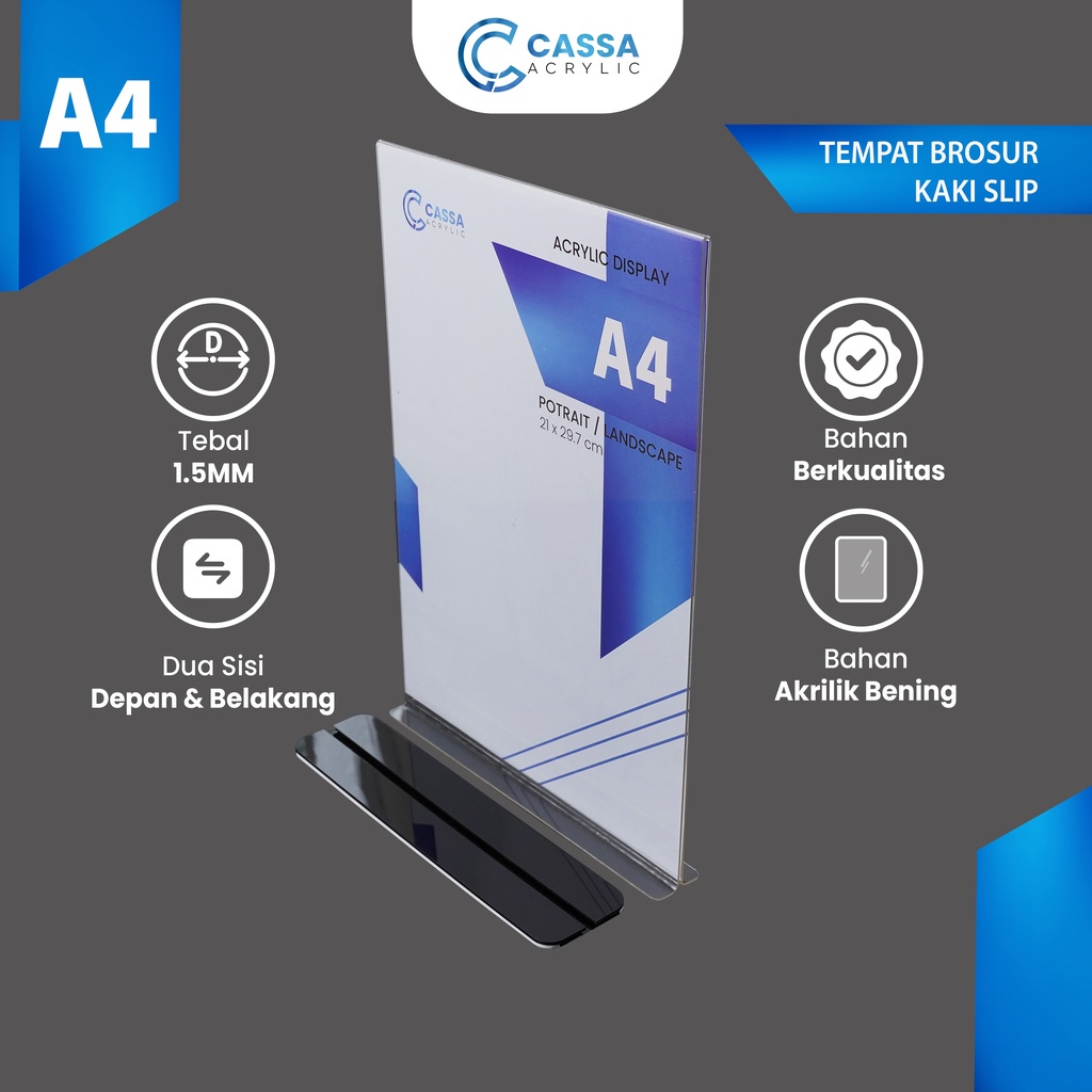Tempat Brosur Alas Hitam A4 1.5mm Akrilik Tent Card Holder Qris Barcode Nomor Menu Meja