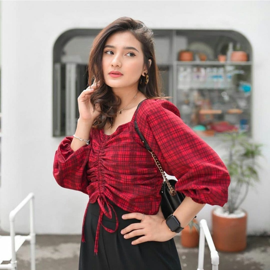ADIRA TOP - Atasan Wanita Blouse Model Kotak Kotak Serut Premium