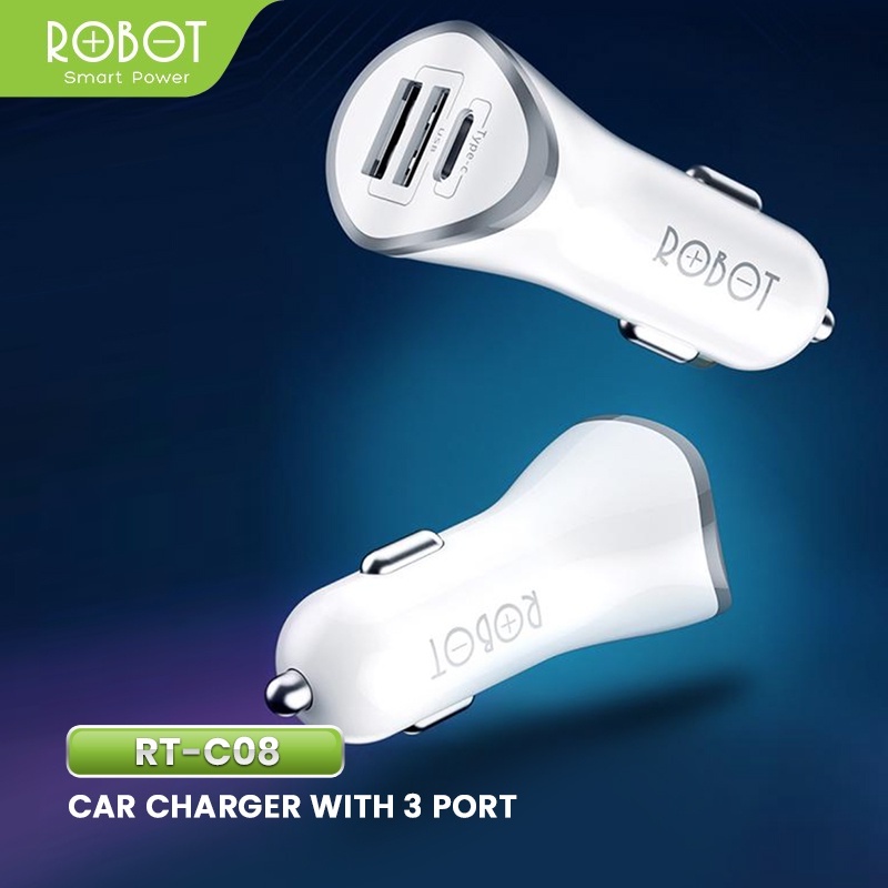 Car Charger ROBOT RT-C08 Colokan Mobil 3 Port USB & Type C