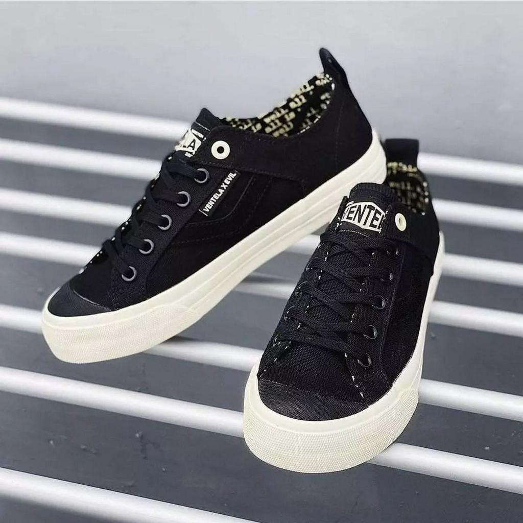 Sepatu Ventela x Evil x Papa Gading All Is Well Black Low Sepatu Pria Ventela Kasual Kanvas Pendek