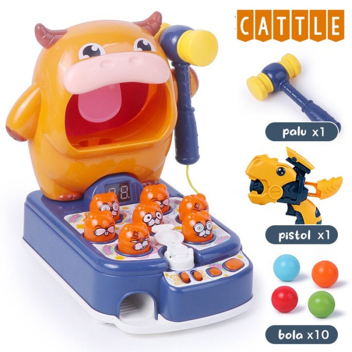 4in1 Whack A Mole Hammering Hippo Cattle Beats Hamster Knock Game - Brown