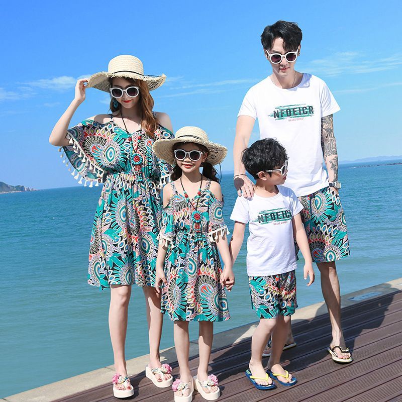 Korean version of parent-child outfit seaside set off shoulder beach bohemian dress