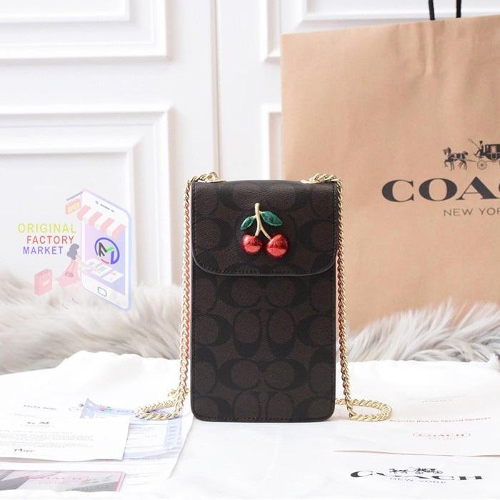 TAS COACH 73486 Phone Crossbody Bag SIGNATURE Canvas Brown with Fruit Bs