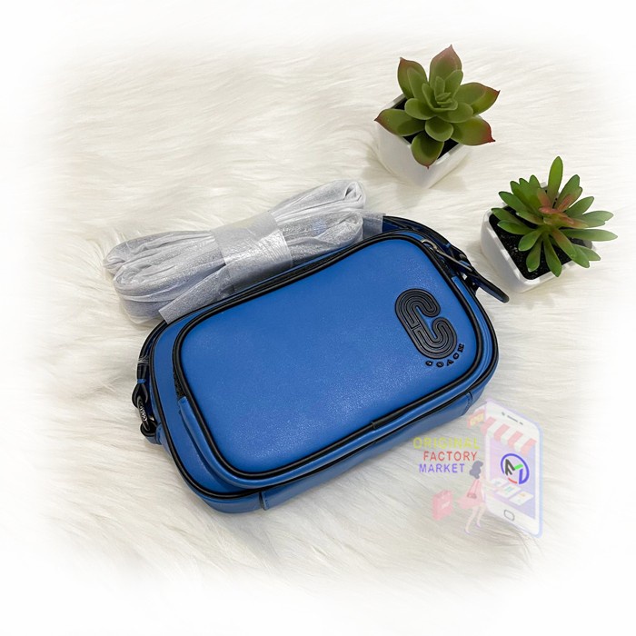 TAS COACH 1578 MINI EDGE DOUBLE POUCH CROSSBODY BLUE WITH COACH PATCH Bs