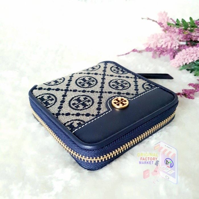 DOMPET TORY BURCH 79381 MONOGRAM JACQUARD BIFOLD WALLET NAVY ORIGINAL - Navy Bs