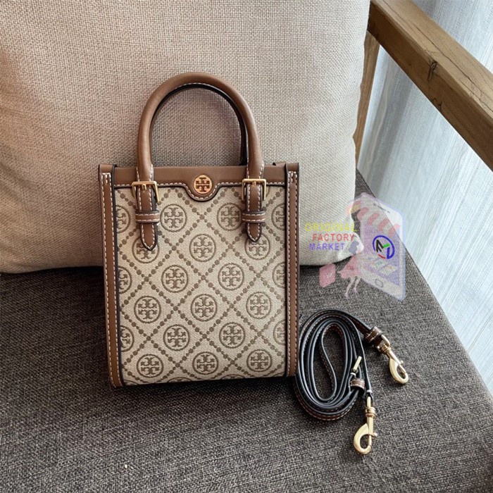 TAS TORY BURCH T Monogram Jacquard Mini Tote Hazelnut ORIGINAL 87146 Bs