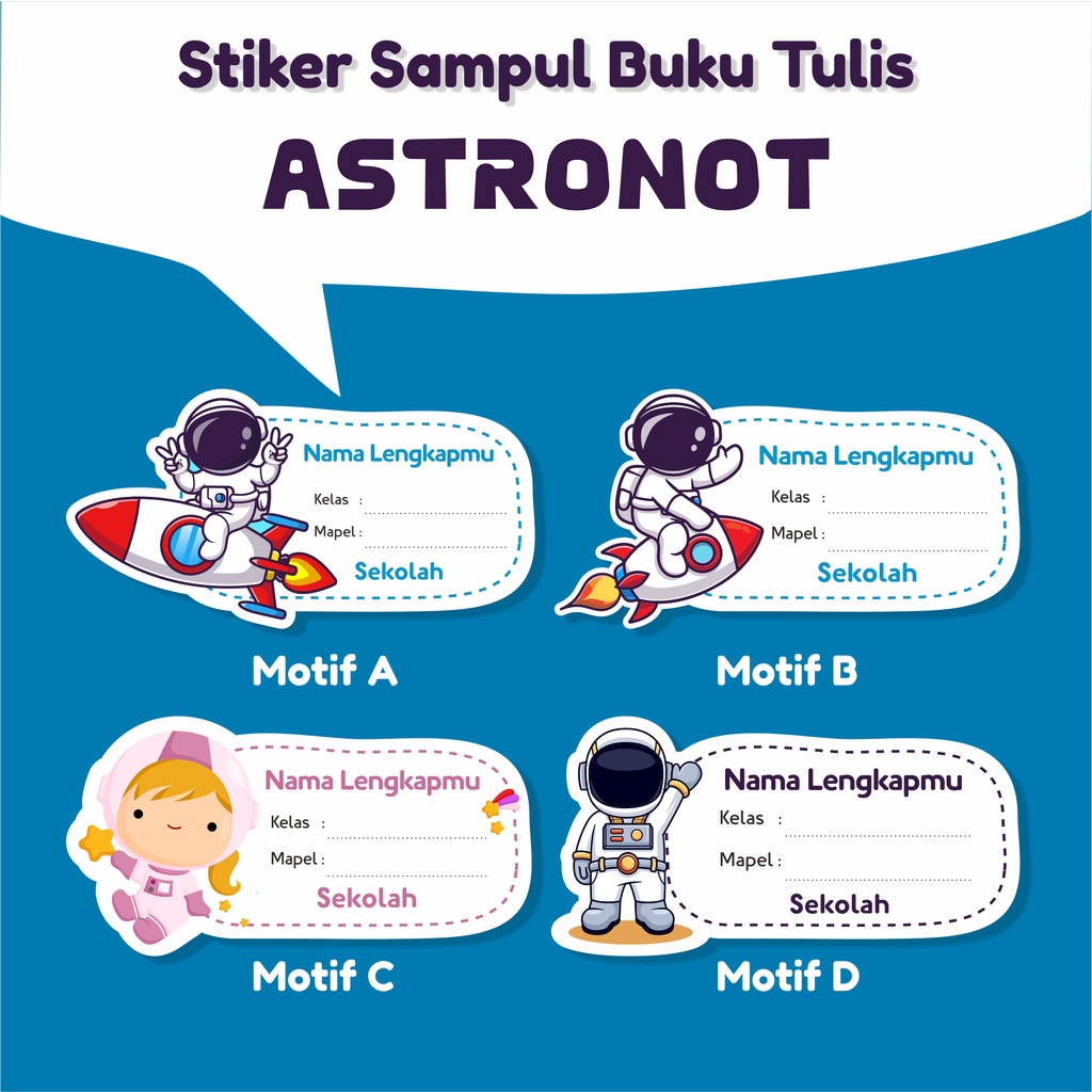 

Stiker nama custom sampul buku Tulis/pelajaran Tema Astronot, Angkasa