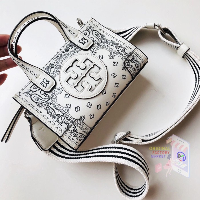 TAS TORY BURCH Ella Micro Tote Bag Printed Leather Ivory Americana  Bs