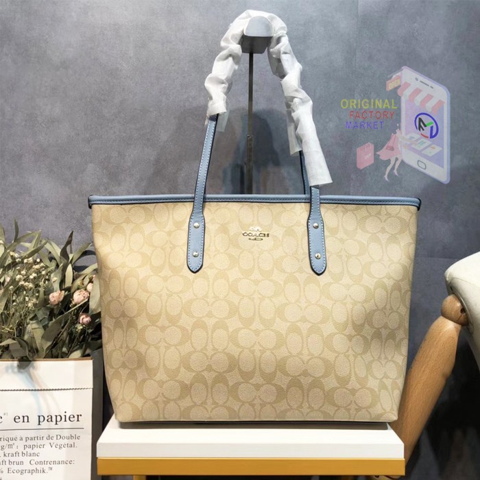 TAS C0ACH F58292 Tote City Zip Signature KHAKI Light Blue ORIGINAL  Bs
