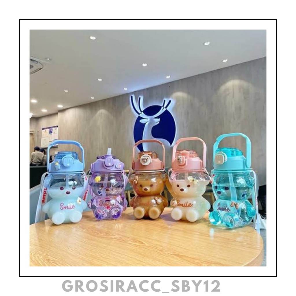 (GAS) Botol Air Bear Beruang Bening  Lucu dengan Tali Jerami/ Cangkir Teh Gelembung Susu Kapasitas B