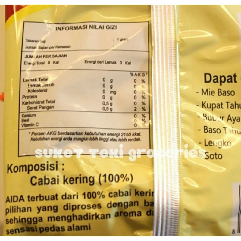 

Bubuk Cabe Aida 500gr Cabai Giling Asli Refill