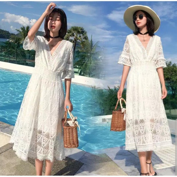 White Dress Wanita Import Beachwear Summer Dress Boho Bohemian Dress - S