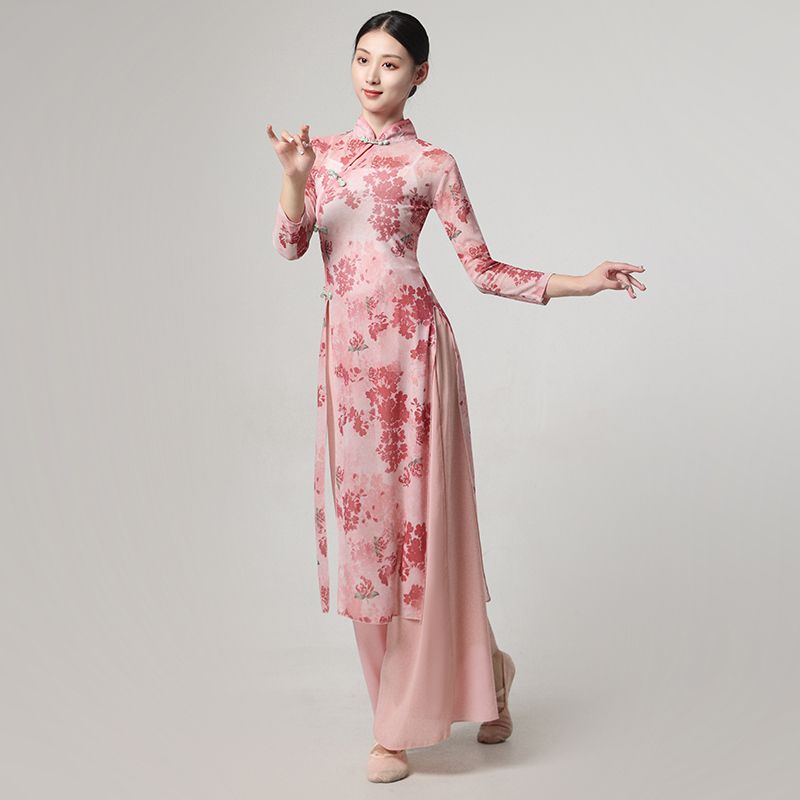 Classical Qipao Dance Dress Female Elastic Mesh Split Chinese Dance Dress Training Dress Adult Dance