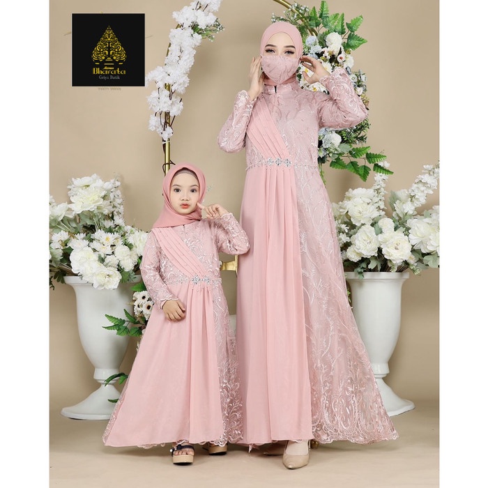 Baju Muslim Wanita Couple Gamis Ibu dan Anak Dress Pesta Lebaran Jumbo - rose gold, M (dewasa)