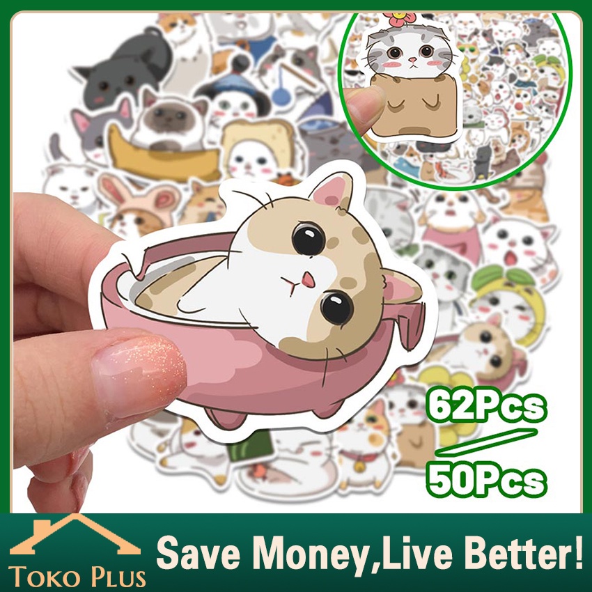 

62Pcs Stiker Motif Kucing Desain Kartun Hewan Kucing Kawaii Warna Kuning Untuk Notebook Laptop Koper Sepeda