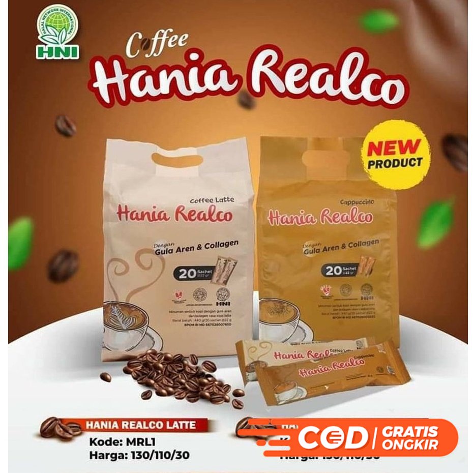 HANIA REALCO LATTE & CAPPUCINO - Minuman serbuk kopi dengan gula aren dan kolagen -HNI  BPOM - Produ