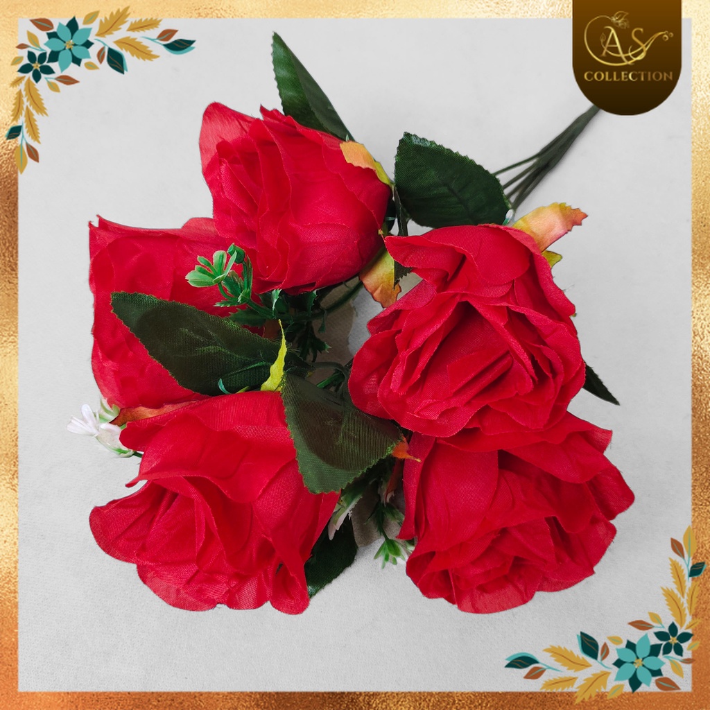 Bunga Rose Kuncup Cabang 5 Bunga Mawar Kuncup Artificial- Dekorasi Pelaminan / Bunga Dekorasi/ Bunga