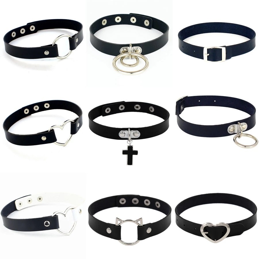 CHOKER KULIT PREMIUM Ring Gesper Hati Salib Kucing Cosplay Punk PU Leather Jepang