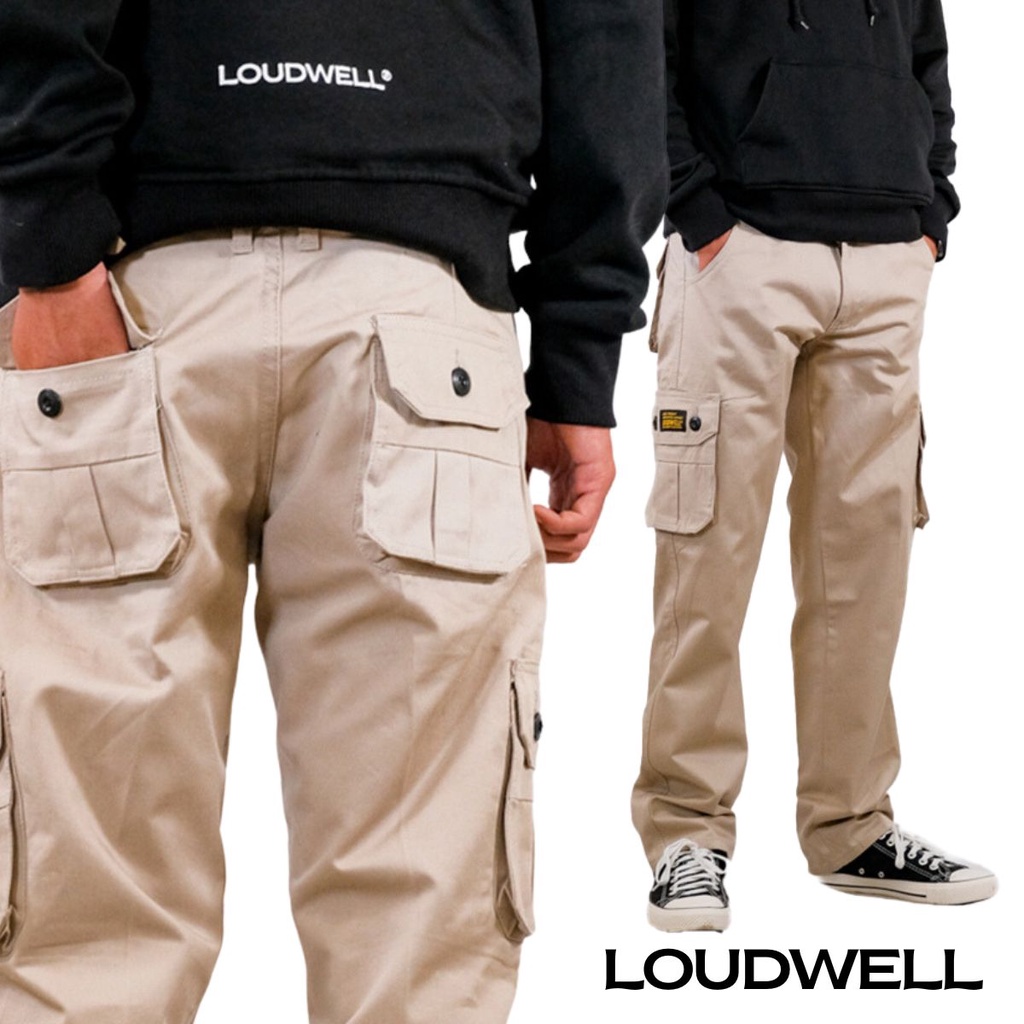 Loudwell Celana Cargo Panjang Warna Cream Bahan American Twill Premium