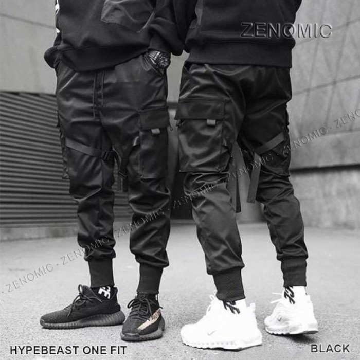 Grosir Techwear Pants Jogger Zenomic Cyberpunk Celana Harem Cargo Pria - Hitam, S