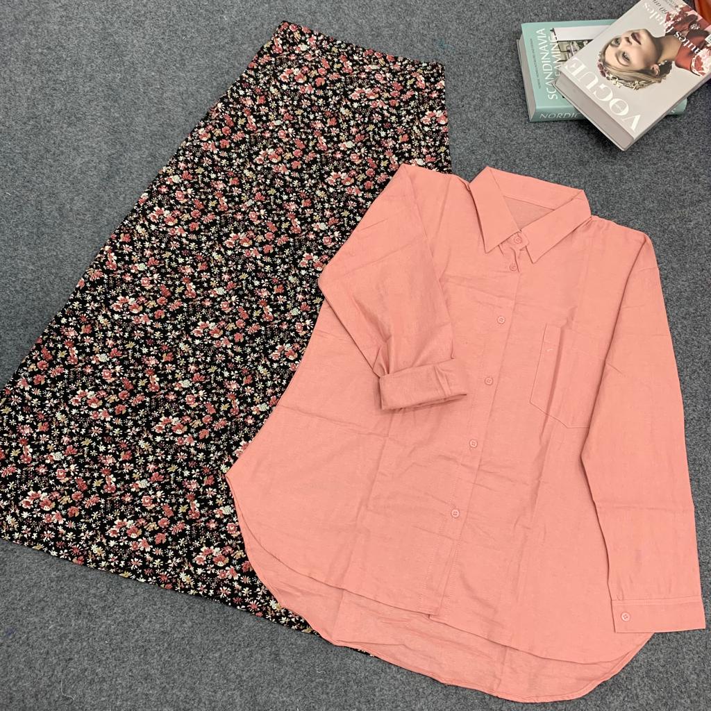 SETELAN KEMEJA LINEN OVERSIZE LD 120 + ROK FLORAL PATTERN SKIRT / ONESET KEMEJA + ROK TERMURAH