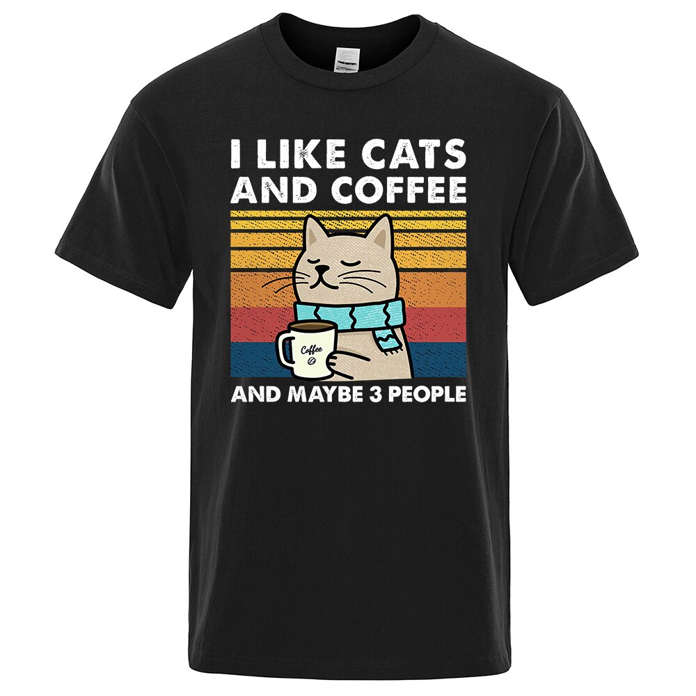 Jemssky I Like Cats And Coffee Printed Manga Man T Shirt Breathable Oversized Clothes Creativity Str