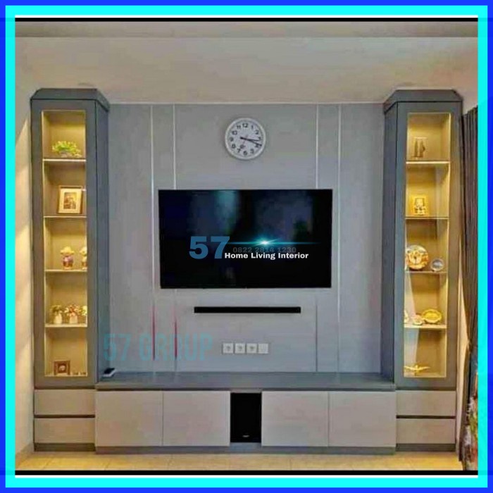 Kabinet Tv - Backdrop Ruang Tv Bahan Plywood HPL Free Desain