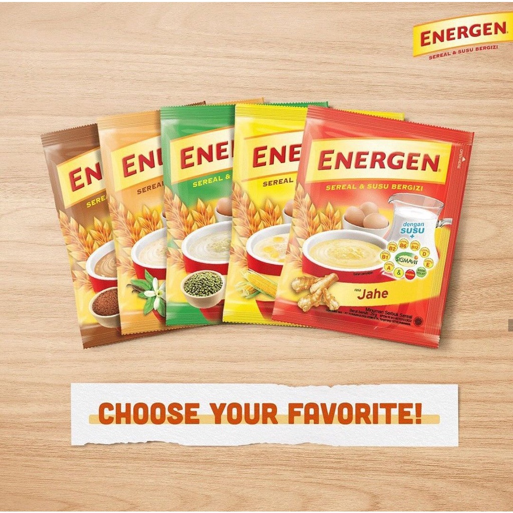 

ENERGEN SEREAL 1 RENCENG VANILLA / JAHE / COKLAT / KURMA / CHAMPION / KACANG HIJAU