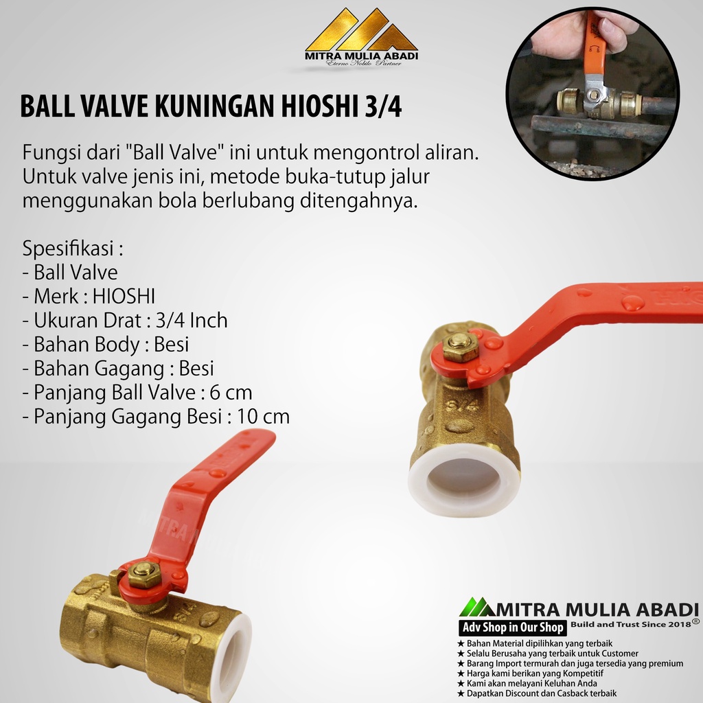 ID BALL VALVE KUNINGAN HIOSHI 3/4 / STOP KRAN KUNINGAN