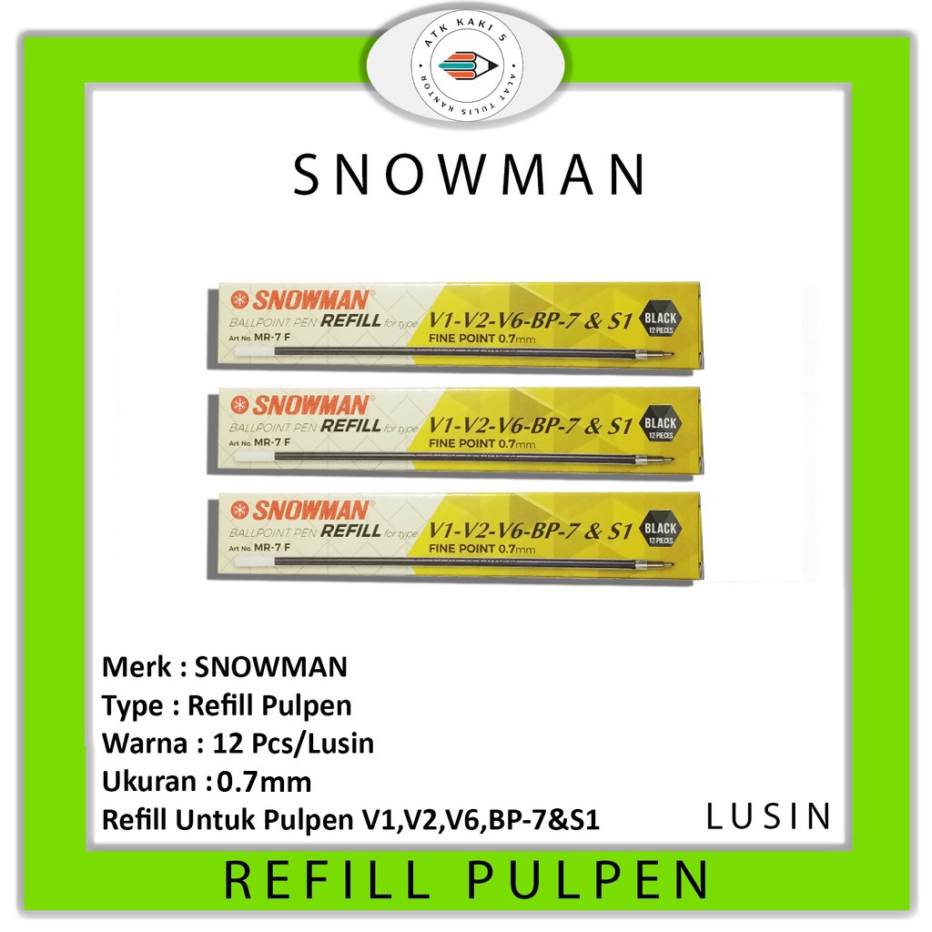 

SNOWMAN - Refill Pulpen Ballpoint V1,V2,V6,BP-7 & S1 Hitam - Lusin