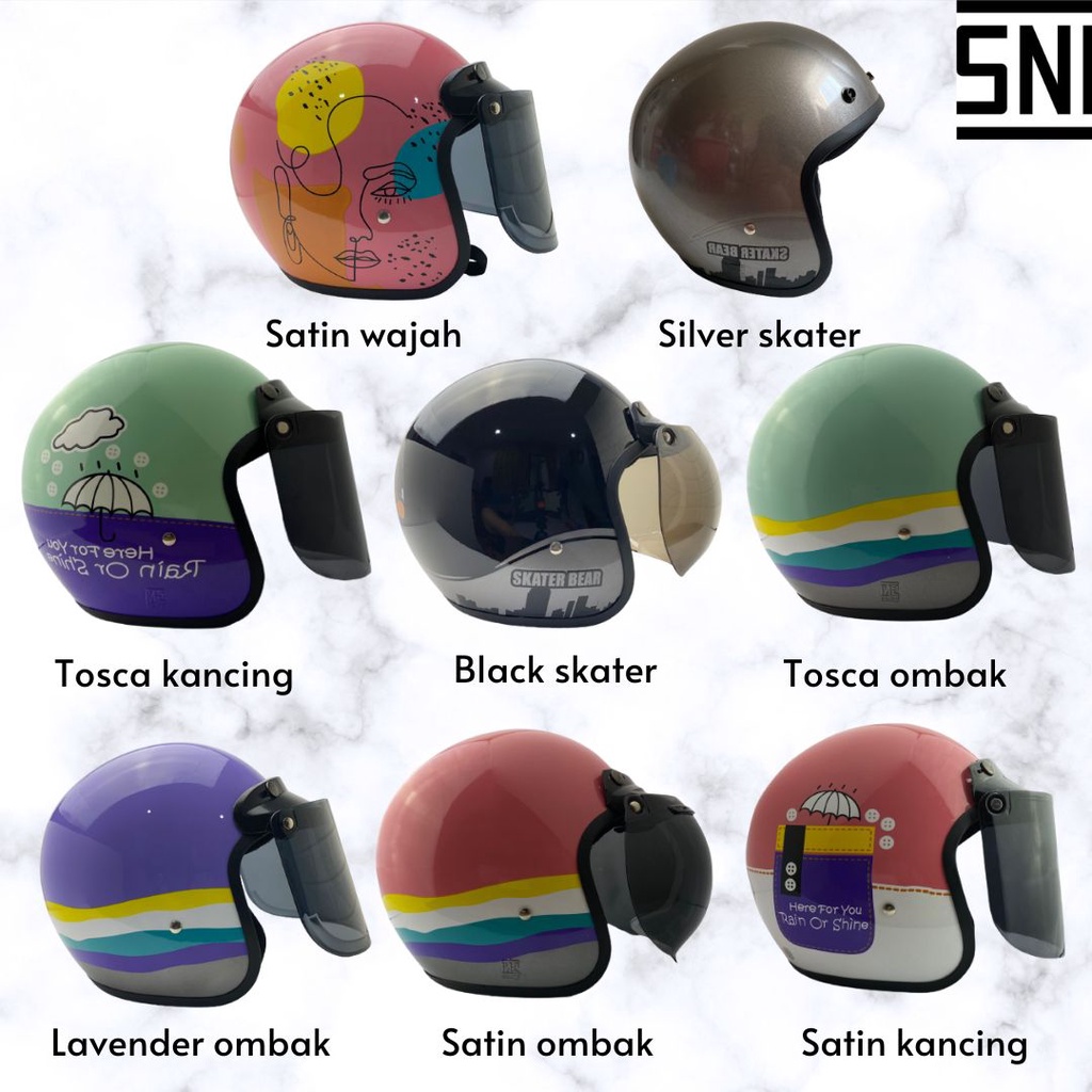 Helm Bogo Dewasa Motif Lucu Retro Classic Cepol Hijab Wanita Pria SNI Full Leher