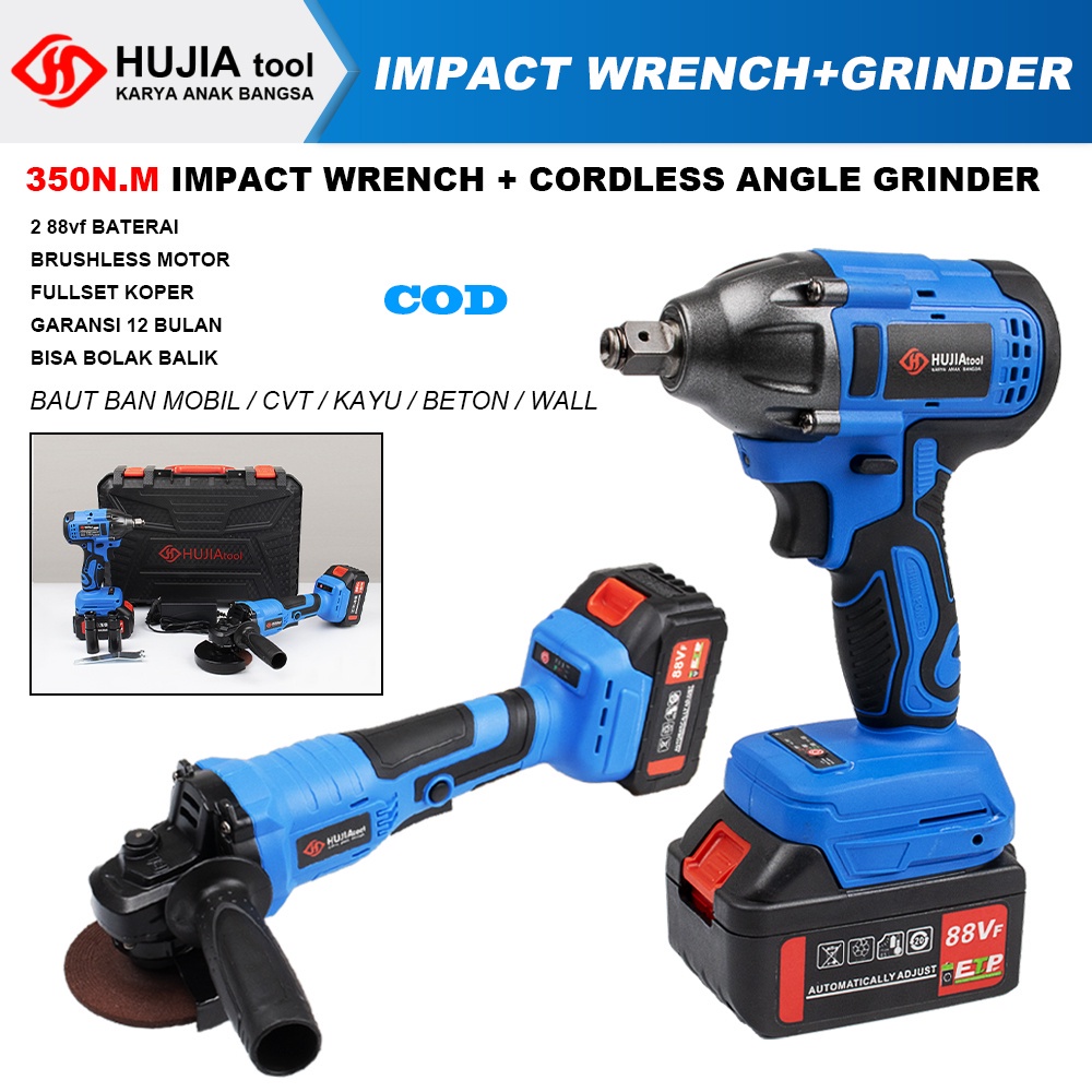 PROMO GILA HUJIA Paket lengkap 88vf Brushless Impact Wrench Mesin Gerinda Baterai dan Pembuka Baut B