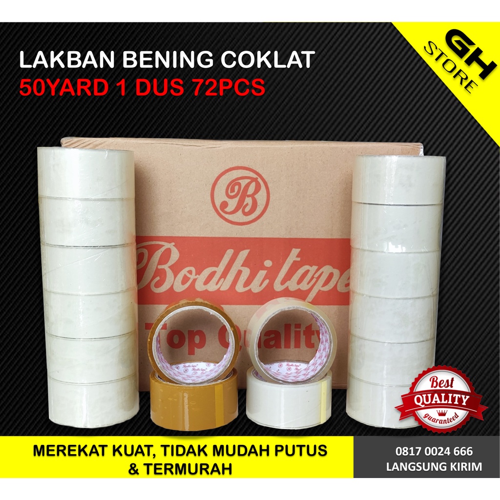 

LAKBAN BENING COKLAT 50YARD KUAT MURAH 1 DUS 72 ROLL