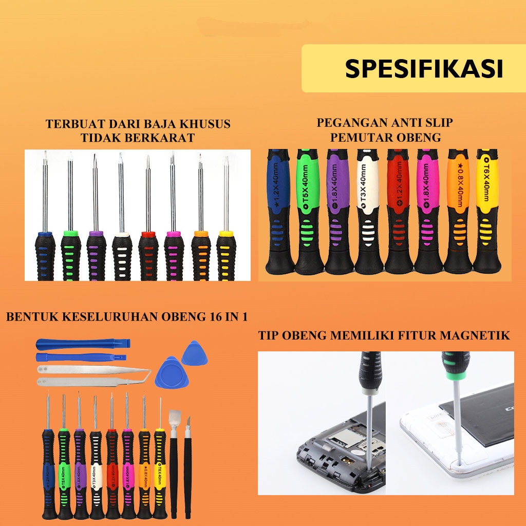 Powone 16 in 1 Obeng Set Reparasi Smartphone Atau Handphone dan Alat Elektronik / Obeng Full Set Unt