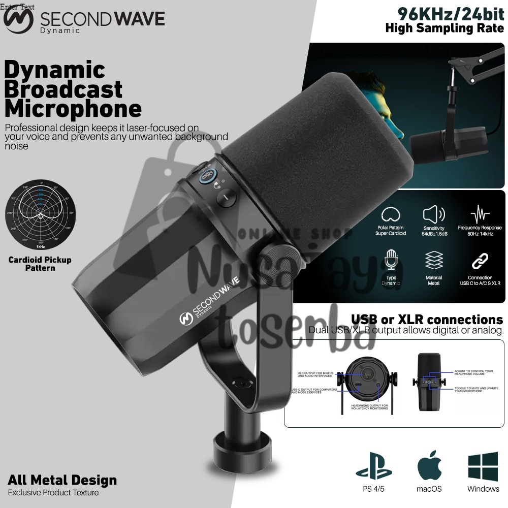 SECONDWAVE Dynamic Microphone Cardioid For XLR USB Broadcast with Frequency Response