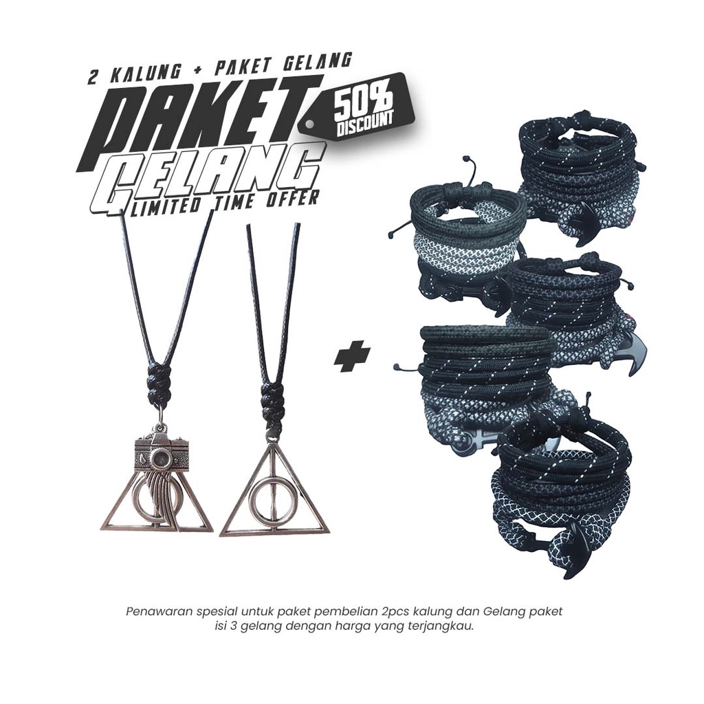 PAKET 3 GELANG DAN 2 KALUNG Kalung Segitiga Bandul 3 dan Kalung Segitiga Bandul 1 Tali Korea PLUS Pa
