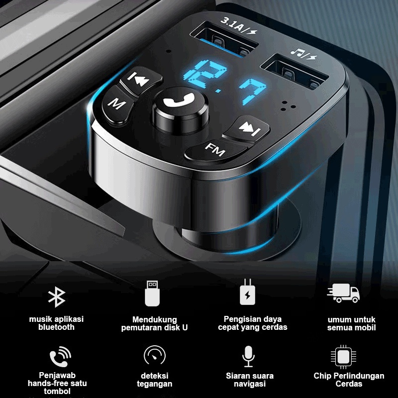 Car Charger 2 Port USB Cas Chargers + MP3 Player FM & Bluetooth Transmitters Radio Head Unit Mobil D