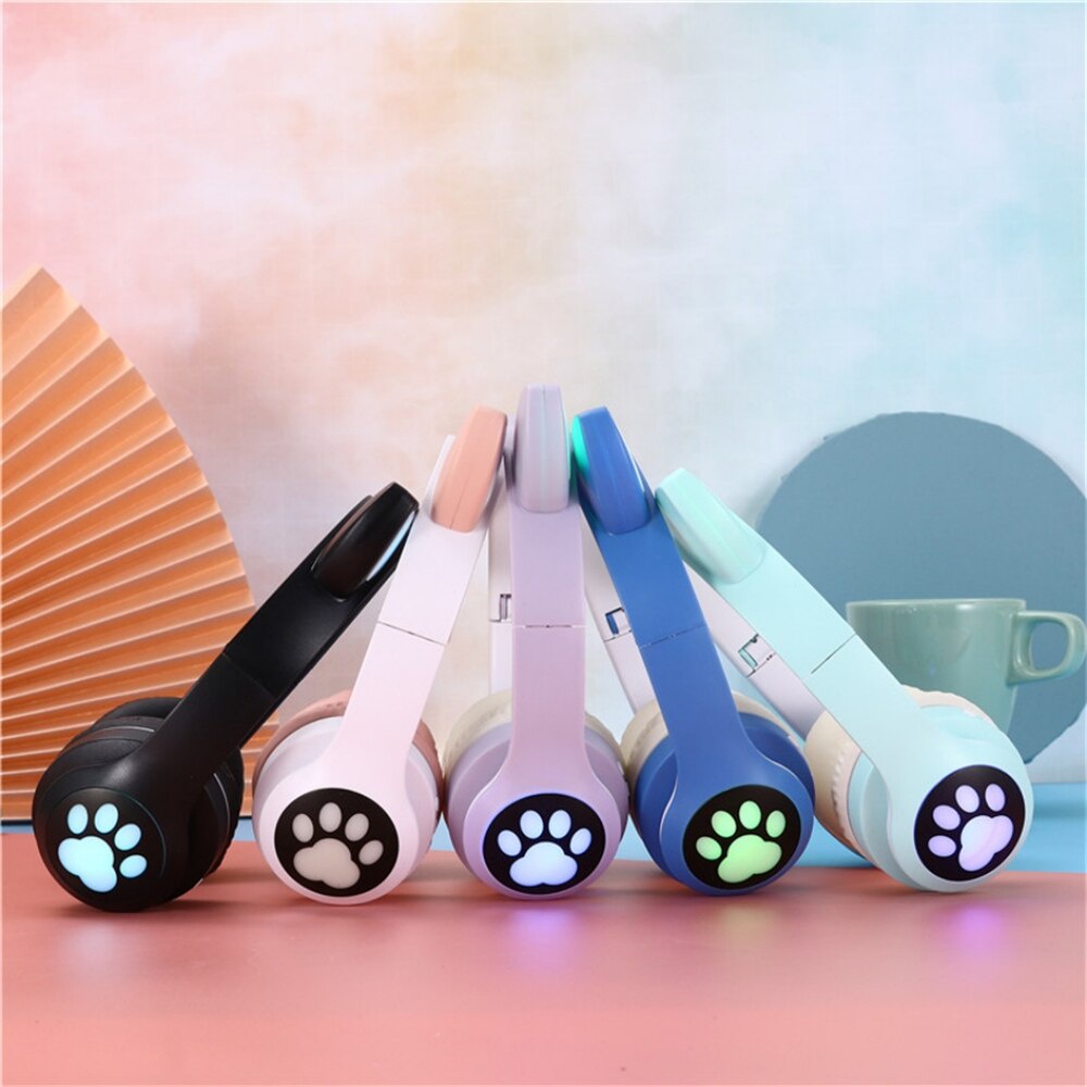 Headset telinga kucing lucu, Headphone Bluetooth lampu RGB Stereo HIFI nyaman olahraga earbud dengan