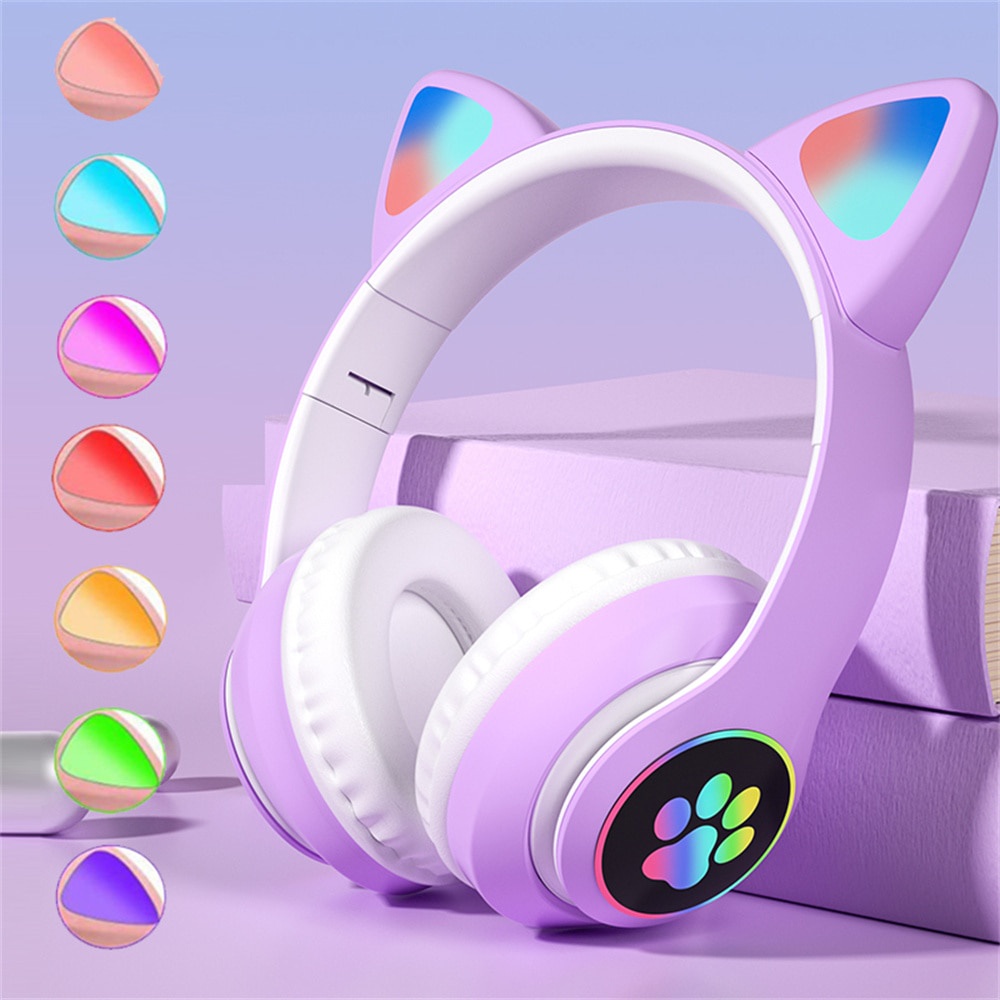 Headphone nirkabel Bluetooth 5.1, headphone telinga kucing untuk anak-anak, hadiah anak-anak dengan 