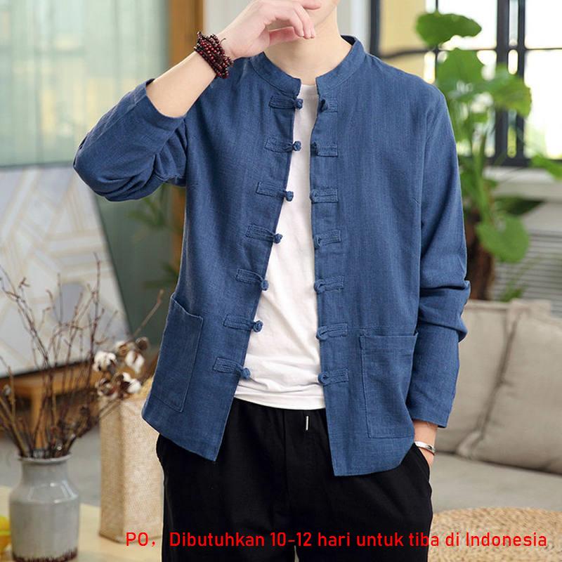 Chinese style cotton linen men's jacket Chinese style linen material buckle Tang suit top loose line