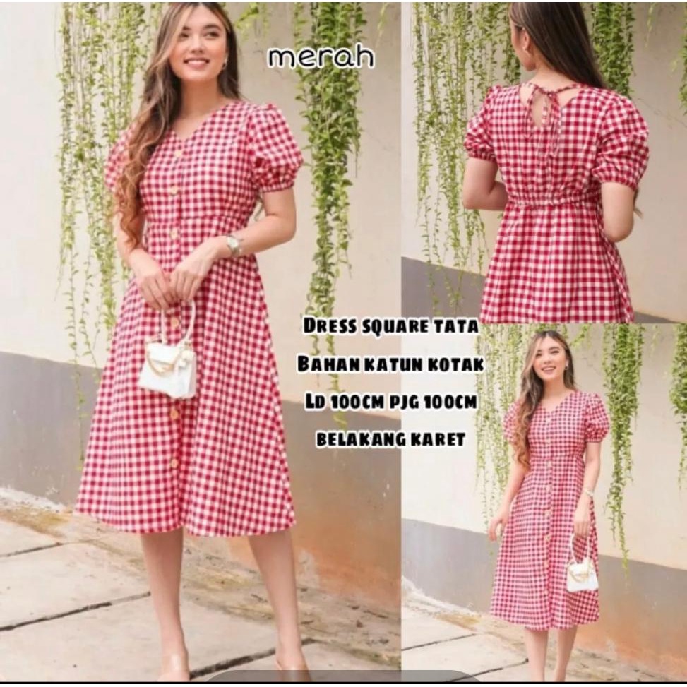 Drers tata  / Dres wanita kotak kotak  / Midi Dres wanita / Korea dres