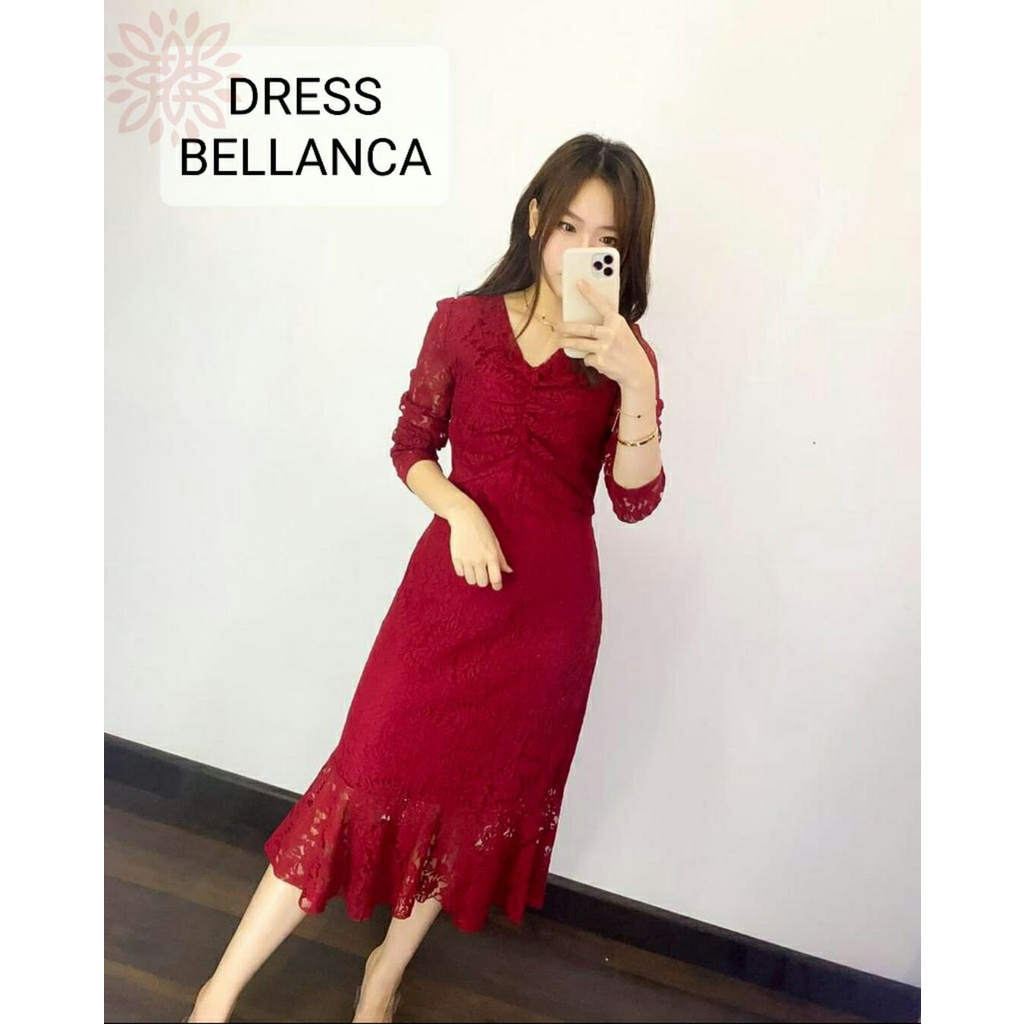 Dress wanita brokat terbaru 2023, dress agnes bahan brokat corneli, model lengan panjang, motif bung