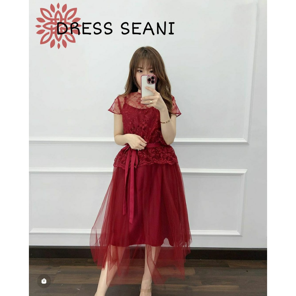 Dress wanita brokat terbaru 2023, dress sean 2in1 dress bahan brokat corneli, model lengan panjang, 
