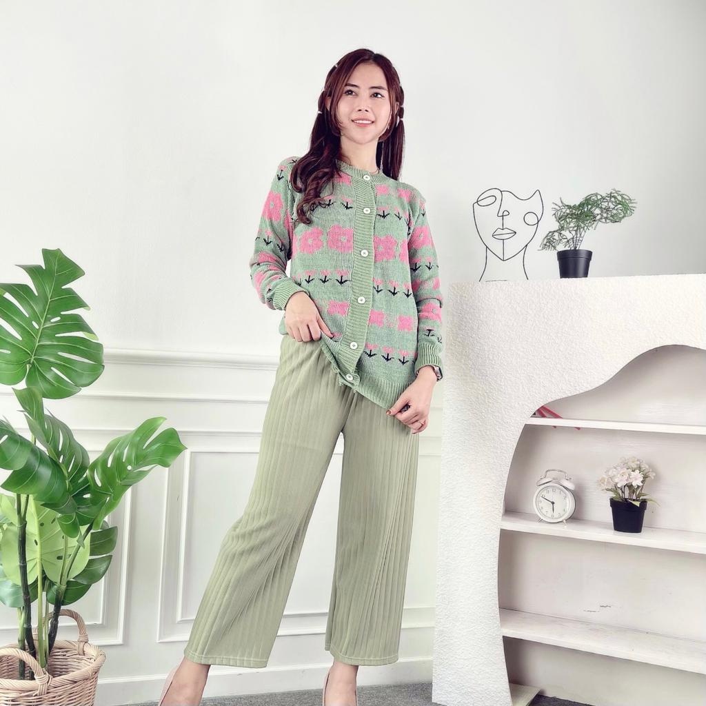 HUM - REC Set Cardigan Rajut Celana Kulot Kekinian  / Setelan RAJUT Wanita Knit Resme FLOWER Kulot H