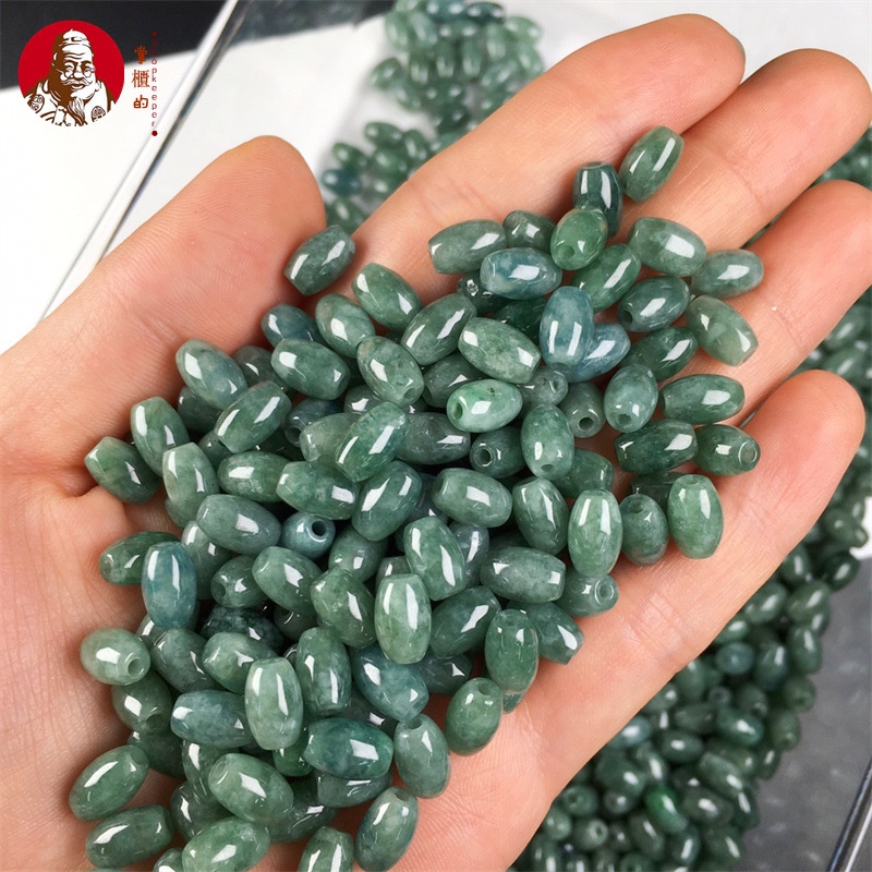 (50 Buah)Bahan hijau kacang giok Sebuah produk, manik-manik panjang lubang besar, manik-manik longga